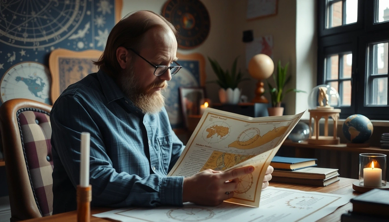 Astrologe analysiert ein Geburtshoroskop mit himmlischen Symbolen und Sternenkarten in einem gemütlichen, gut beleuchteten Raum.