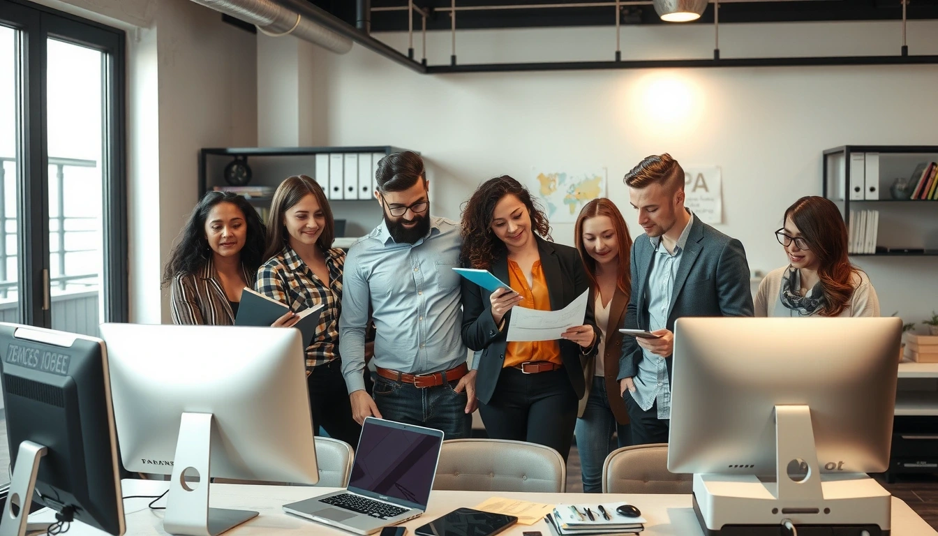 Uma equipe de escritores e editores profissionais trabalhando juntos em um ambiente de escritório.