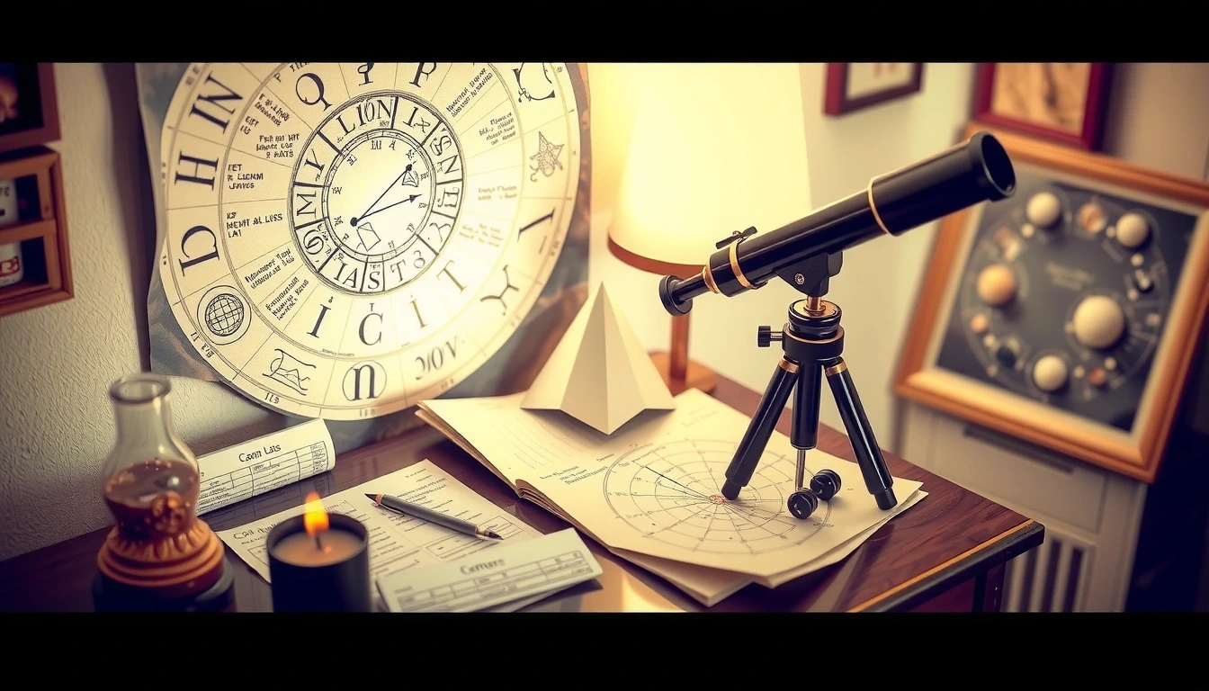 An astrologer’s desk with zodiac charts and celestial maps, illuminated by soft lighting, evoking a mystical and insightful atmosphere.